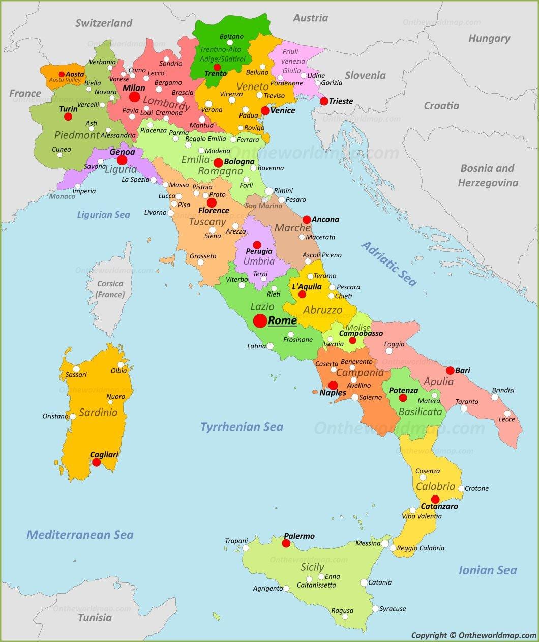Italie carte avec les villes et les régions