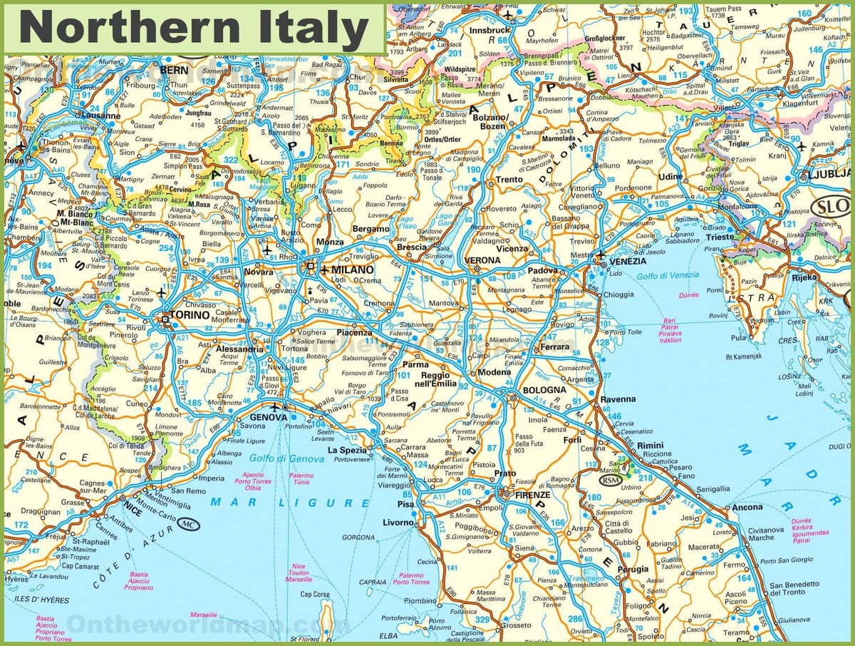 carte détaillée de l'Italie du nord