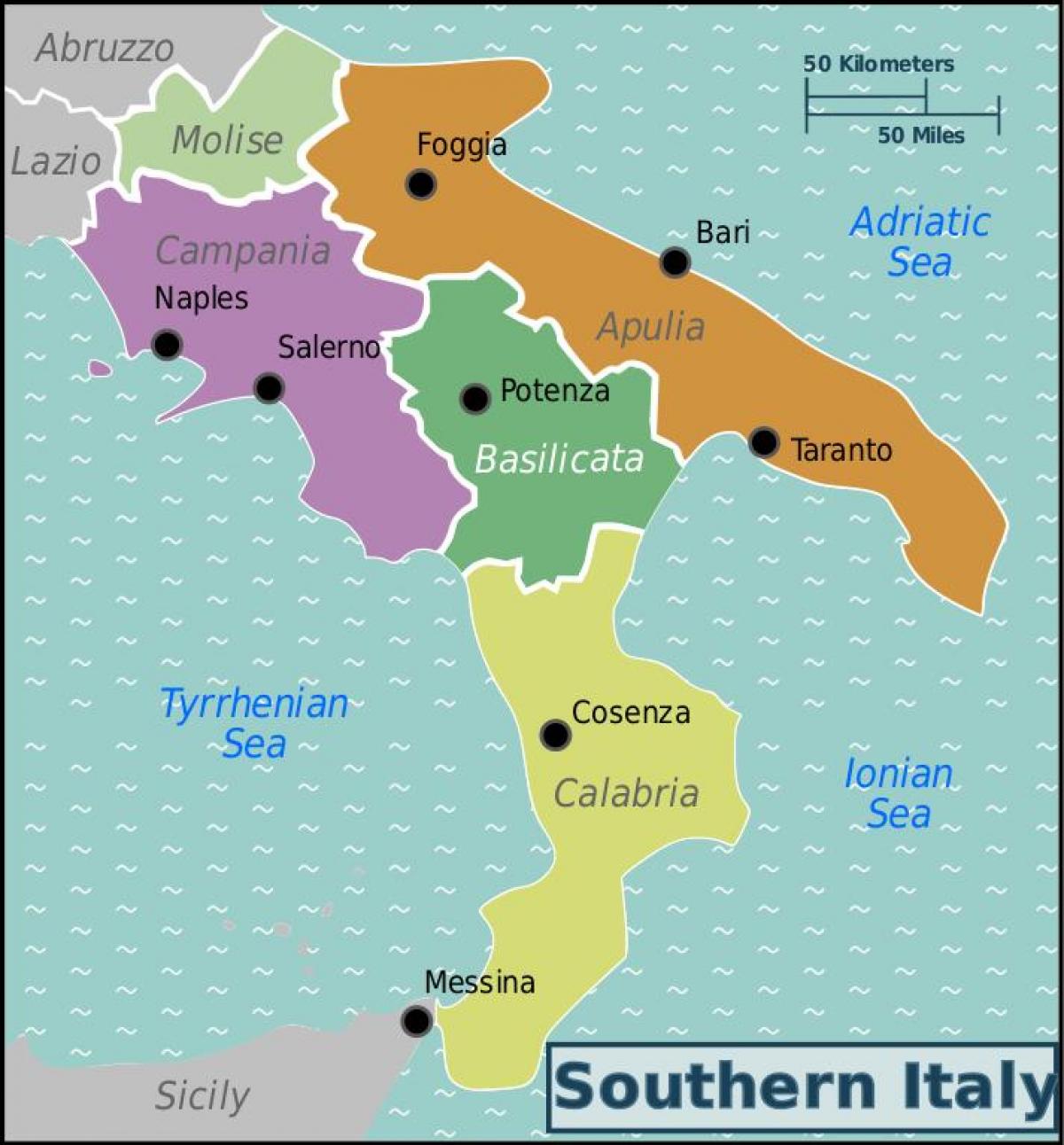 carte du sud de l'Italie avec les villes