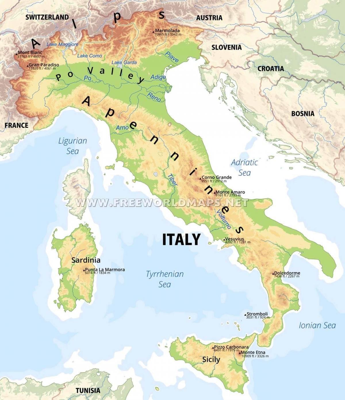 L'italie caractéristiques physiques de la carte