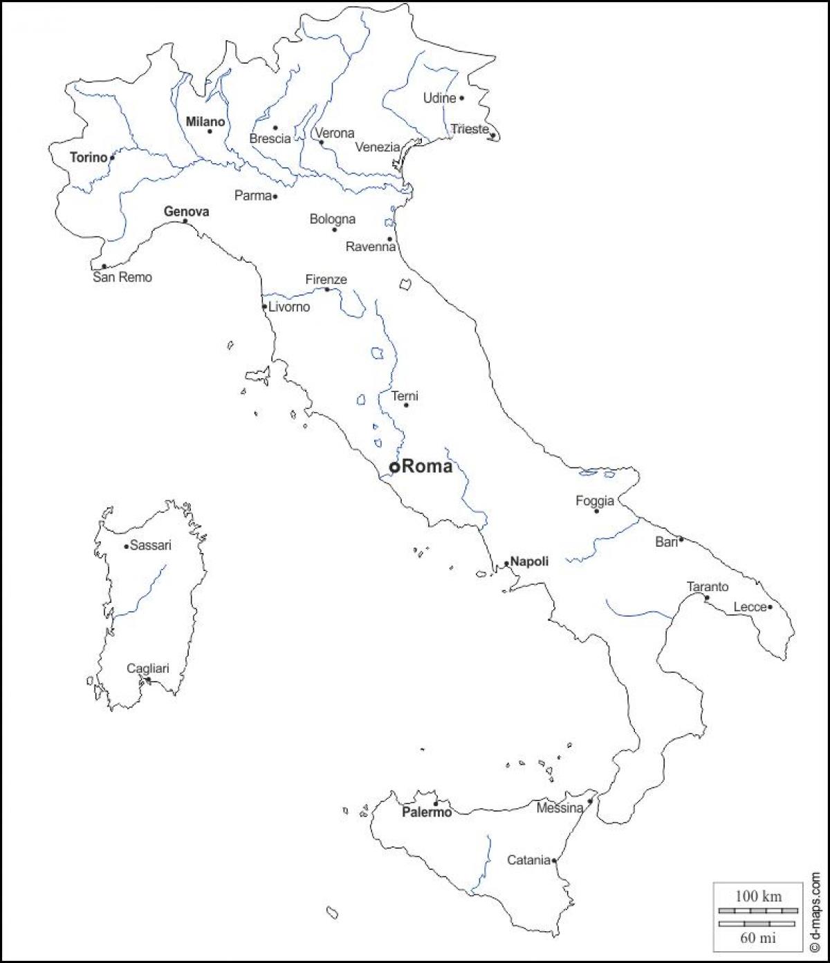 le contour de la carte de l'Italie avec les villes