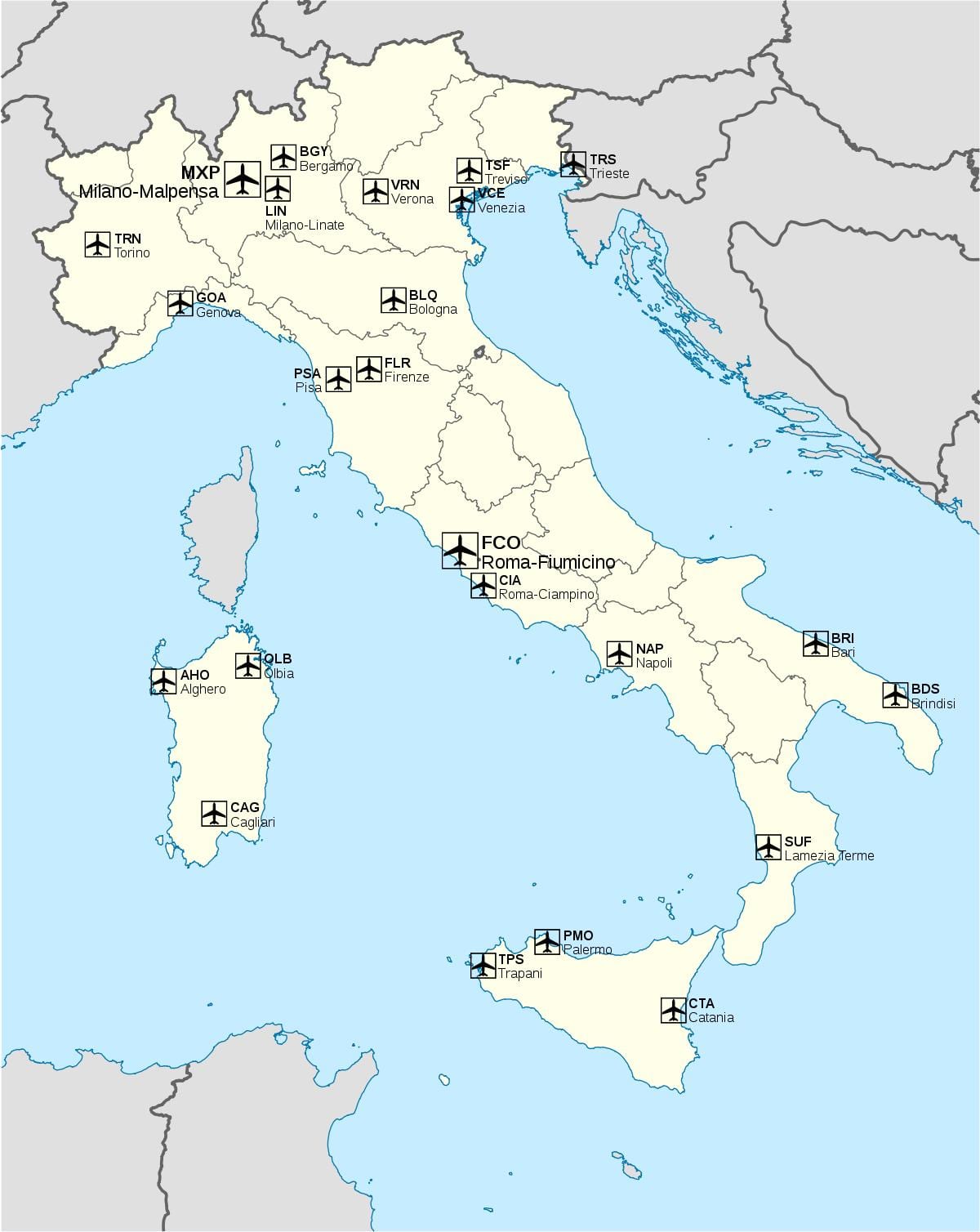 aéroports internationaux en Italie carte