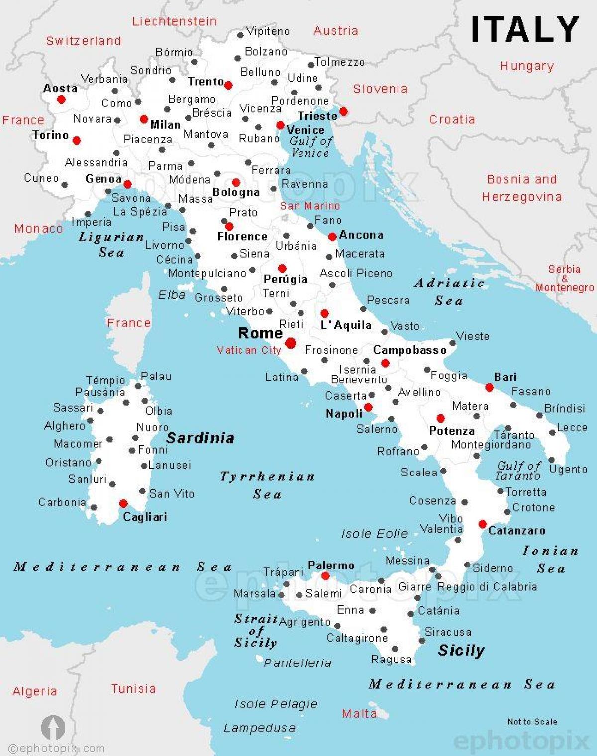carte de l'Italie avec les noms de ville
