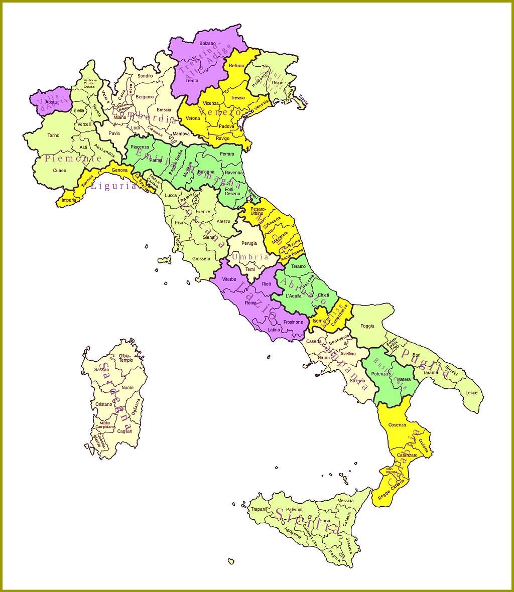 Italie carte des régions provinces de l'