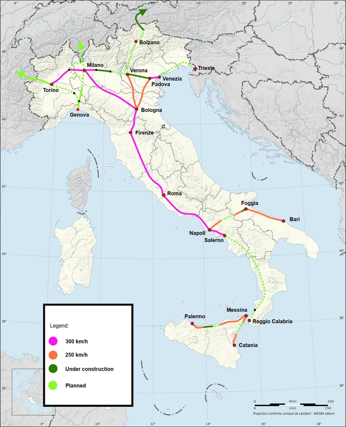 L'italie ferroviaire à grande vitesse de carte