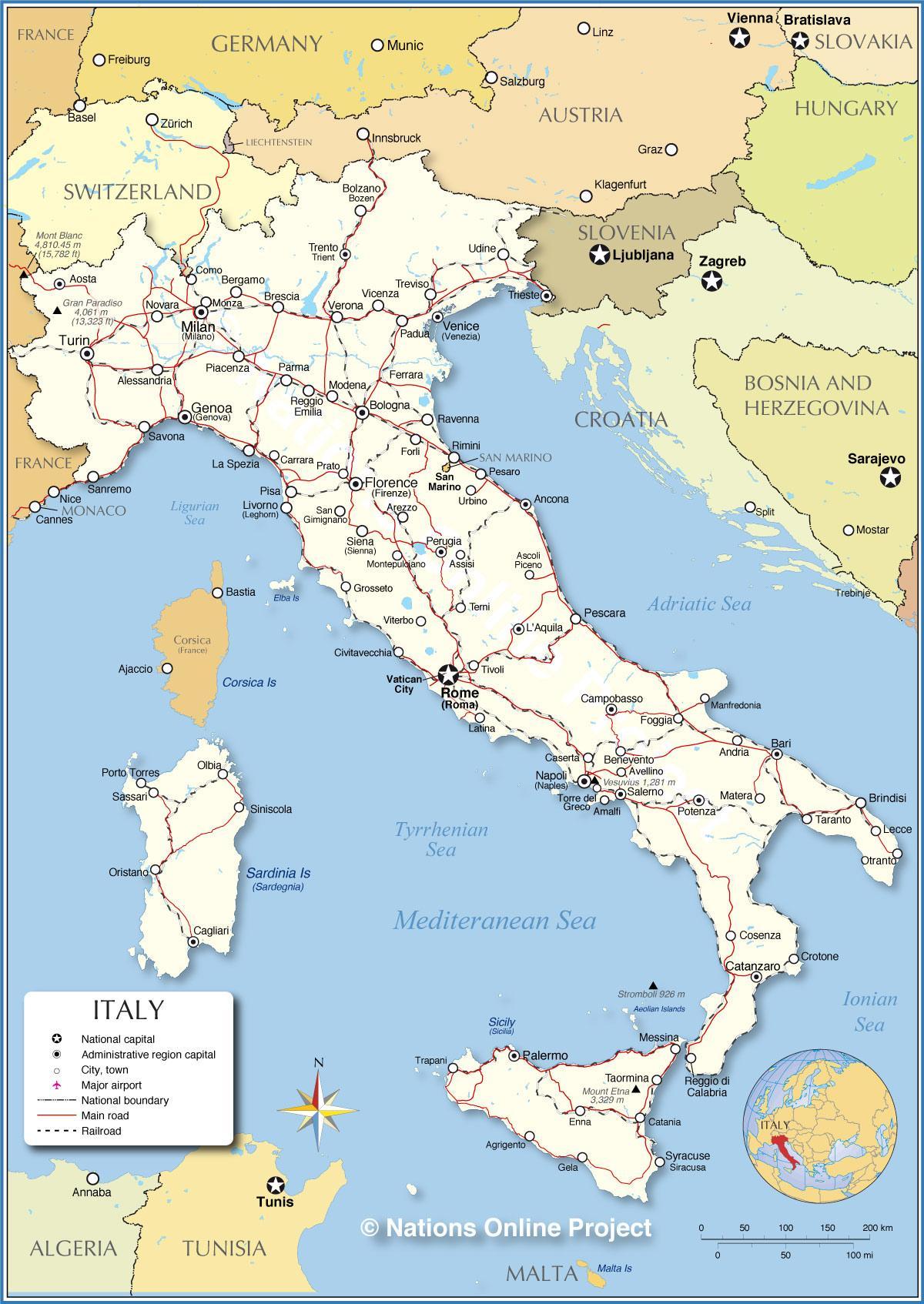 carte de l'Italie de la capitale