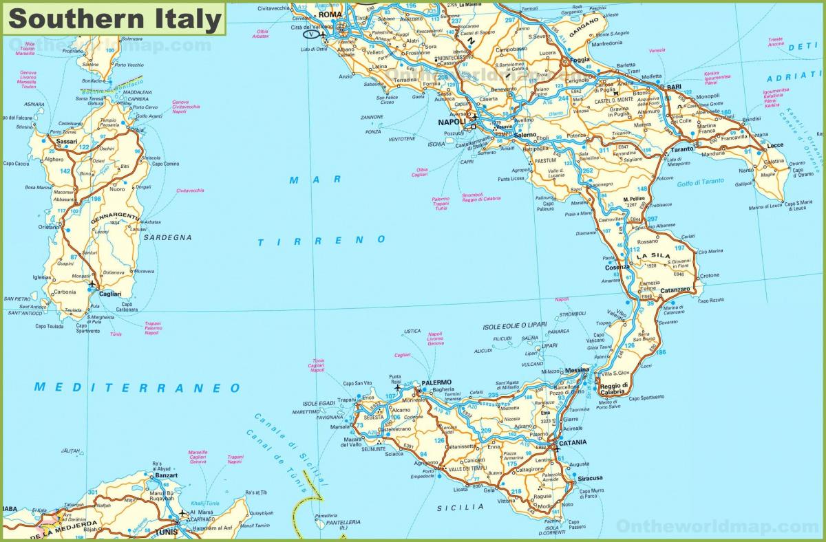carte routière du sud de l'Italie